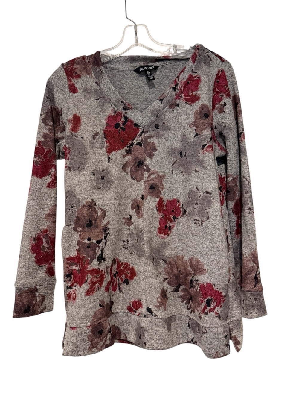 Ellen Tracy Gray Floral Tunic Sweater Top | Long Sleeve | V-Neck | Woman’s Small